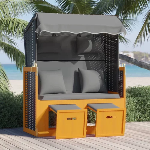 vidaXL ležaljka za plažu s jastukom crna-antracit od poliratana i drva