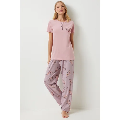  Women's Pink Buttoned T-Shirt Floral Pants Knitted Pajama Set