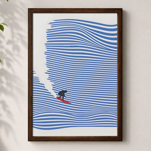Wallxpert uramljena MDF slika 3752KACT-053, surfer na plavim talasima od linija, 37 x 52 cm Slike