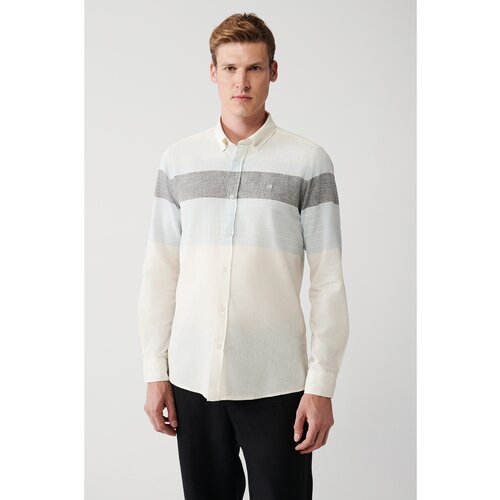 Avva Men's White Cotton Linen Blended Buttoned Collar Striped Slim Fit Slim Fit Shirt Cene