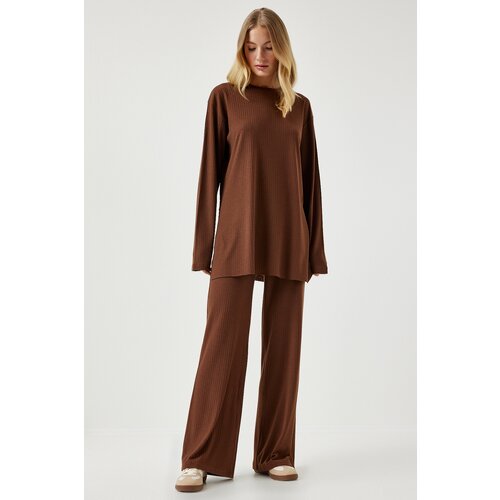 Happiness İstanbul Women's Brown Ribbed Knitted Blouse Pants Suit Slike