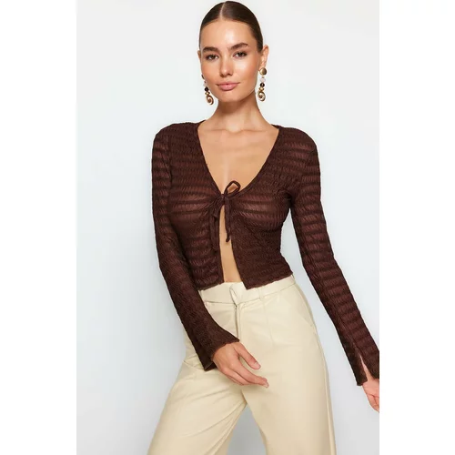 Trendyol Limited Edition Brown Tie Detail Textured V-Neck Stretchy Knitted Blouse