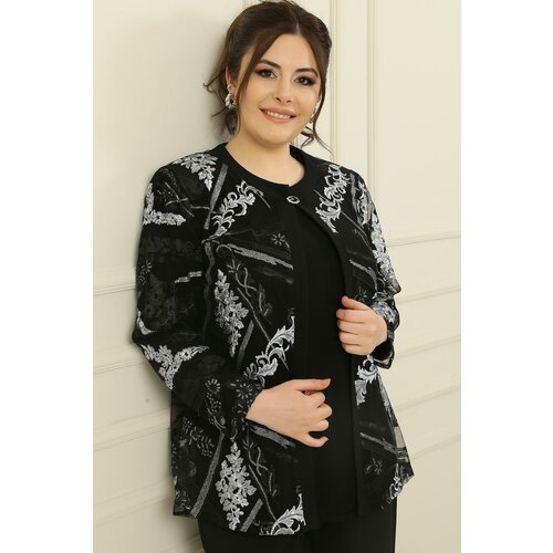 By Saygı Inner Long Sleeve Blouse Floral Embroidered Tulle Jacket Plus Size 2 Set Cene