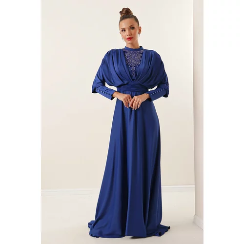 By Saygı Lined Front Beaded Satin Long Dress with Gathered Button Detailed Sleeves