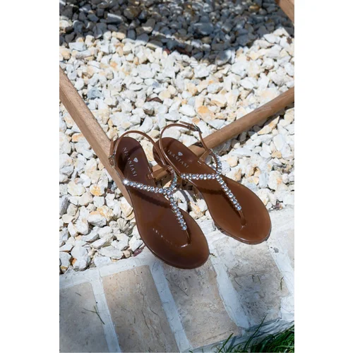 NİŞANTAŞI SHOES Lassie Earth Color Stone Detail Ankle Tied Flat Sole Women's Sandals