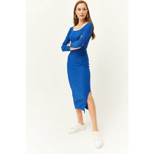 Olalook Women's Saxon Blue Open Collar Long Sleeved Blouse and Slit Skirt Set Slike