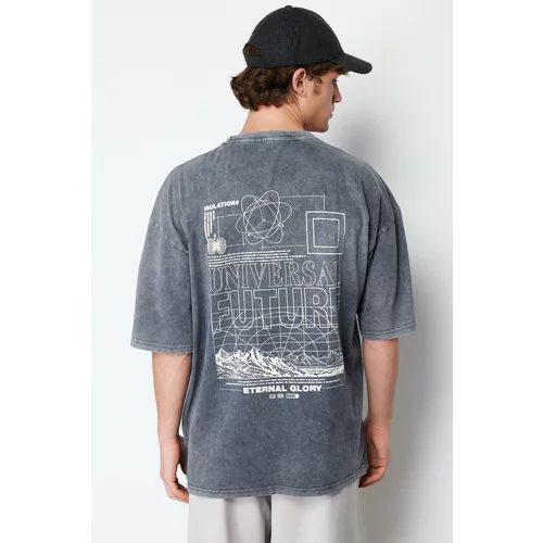 Trendyol Anthracite Men's Oversize/Wide Cut Vintage/Faded Effect Text Printed 100% Cotton Short Sleeve T-Shirt