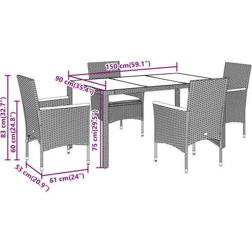  5-dijelni vrtni blagovaonski set s jastucima poliratan i staklo Crna 150 x 90 x 75 cm Slike