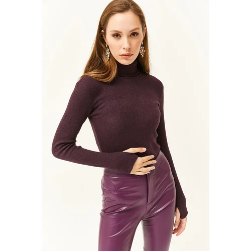 Olalook Women's Plum Turtleneck Finger Detailed Lycra Blouse