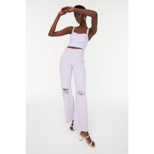 Trendyol Lilac Ripped Detailed High Waist Wide Leg Jeans Slike