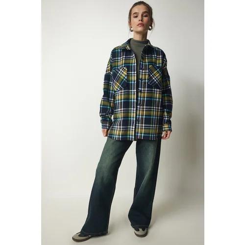  Women's Navy Blue Green Patterned Oversize Cachet Lumberjack Shirt