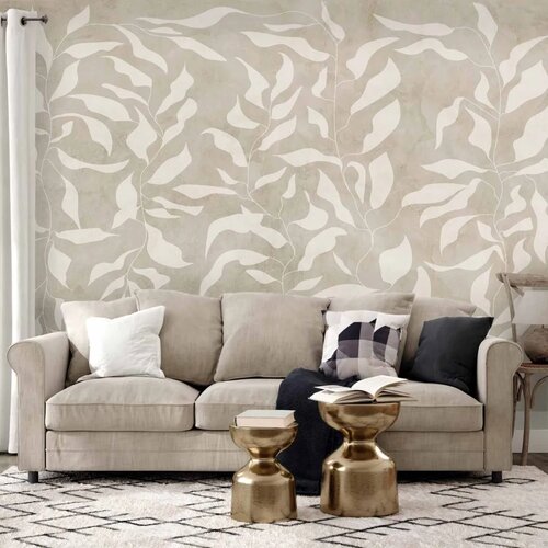  Foto tapeta - White leaves - abstract plant motif on beige background with frame 98x70 Cijene
