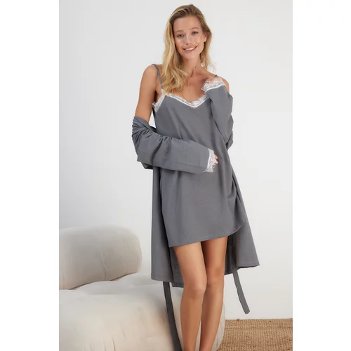 Trendyol 2-Pack Gray Gray Knitted Dressing Gown and Nightwear with Lace Detail