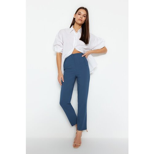 Trendyol Indigo Cigarette Pattern Dart High Waist Ankle Length Woven Trousers Slike