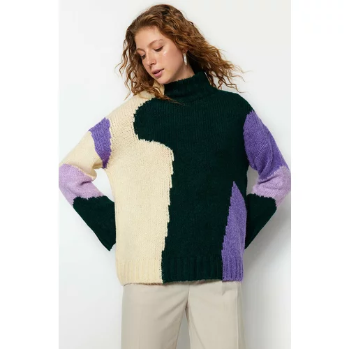 Trendyol Emerald Green Soft Textured Color Block Knitwear Sweater