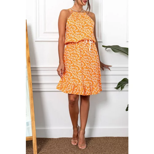 armonika Women's Orange Halter Neck Belted Waist Ruffle Skirt Dress