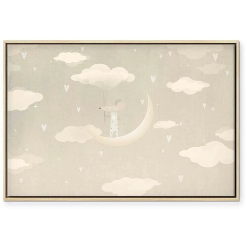  Slika - Little Conqueror - A Mouse in Heart Pajamas on the Moon Among Clouds 60x40 U prirodnom drvenom okviru Slike