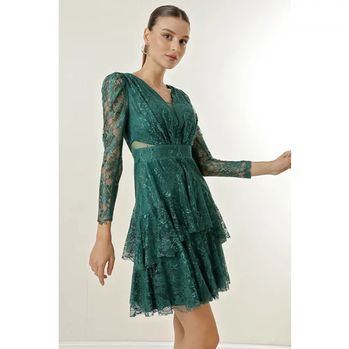 By Saygı Front Back V-Neck Lined Lace Tiered Short Dress