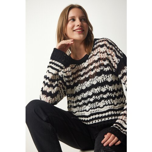 Happiness İstanbul Women's Black Cream Striped Openwork Knitwear Sweater Slike