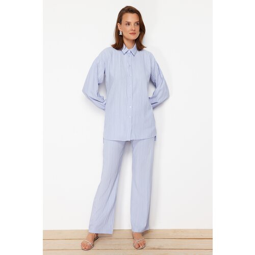 Trendyol Light Blue Long Back Wide Leg Shirt-Pants Weave Suit Cene
