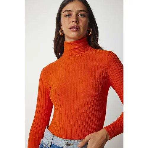 Happiness İstanbul Women's Orange Turtleneck Basic Corduroy Sweater