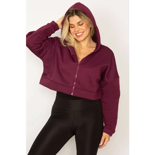 Şans Women's Plus Size Plum Hooded Short Zip Front Sweatshirt