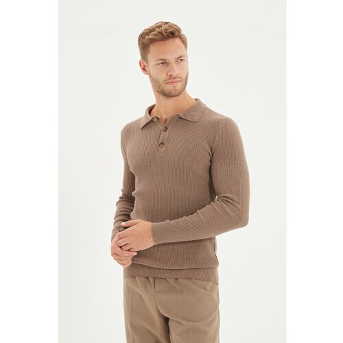 Trendyol mink men's slim fit buttoned polo collar corduroy knitted sweater Slike