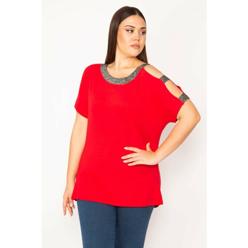 Şans Women's Plus Size Red One Shoulder And Collar Silvery Detailed Blouse Slike