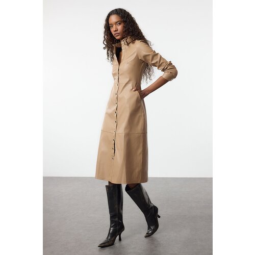 Trendyol Camel Faux Leather Midi Woven Shirt Dress Slike