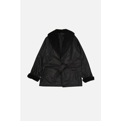Trendyol Black Belted Plush Fur Detailed Faux Leather Coat Slike
