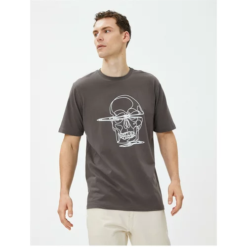 Koton Embroidered Skull T-Shirt, Crew Neck Cotton Short Sleeved