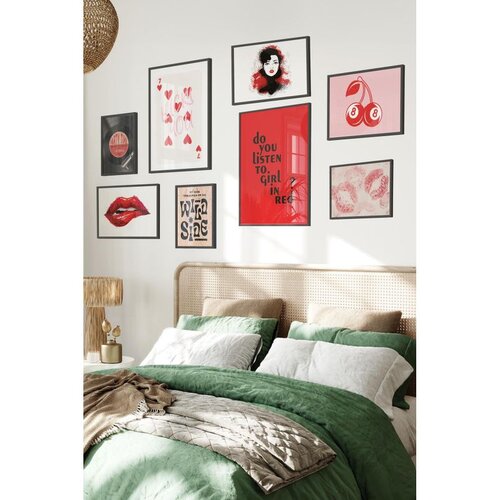 Wallxpert set od 8 uramljenih slika &amp;Ccedil;gs-017, crveno-crni retro motivi &amp;ndash; usne, karta, tre&amp;scaron;nje i natpis wild side, crni ram Slike