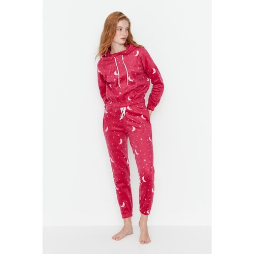Trendyol Fuchsia Hooded Galaxy Patterned Fleece Knitted Pajamas Set Slike