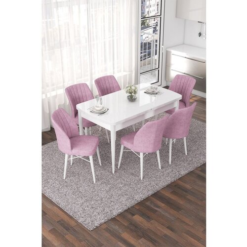 Hanah home nef - white, pink whitepink extendable dining table & chairs set (7 pieces) Cene