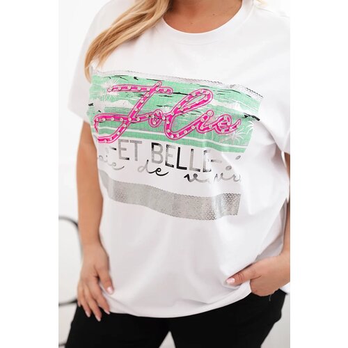 Kesi Włoski Plus Size women's blouse with sequin inscription white + green Cene