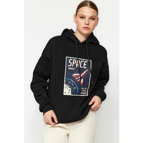 Trendyol Black Oversized/Wide-Cut Knitted Sweatshirt with a Space Print Thick Fleece Inside Cene