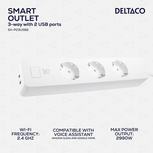 Deltaco SMART HOME Podalj&scaron;ek, WiFi 2.4GHz, 3xCEE 7/3, 2xUSB-A, 13A, 220-240V, 1.5m, BELO Cene