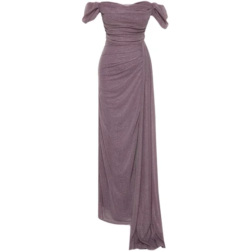 Trendyol Powder Draped Glitter Long Evening Dress