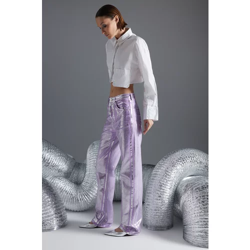 Trendyol Lilac Shiny Metallic Print High Waist Wide Leg Jeans