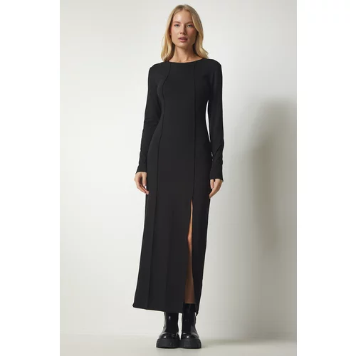 Happiness İstanbul Women's Black Viscose Long Viscose Dress with Slit and Stitching