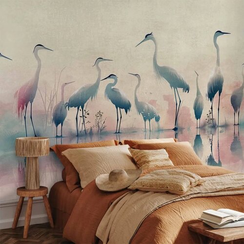  Foto tapeta - Birds by the lake - herons painted in watercolour in delicate grey and pink colours 400x280 Premium Cene