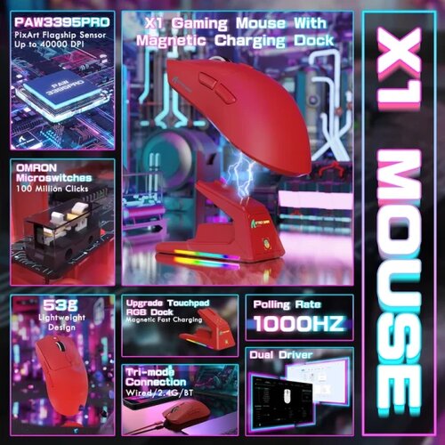 Attack Shark bežični gaming mi&amp;scaron; X1 PAW3395PRO/40000 dpi/omron switches/trimode/red + charging dock Slike