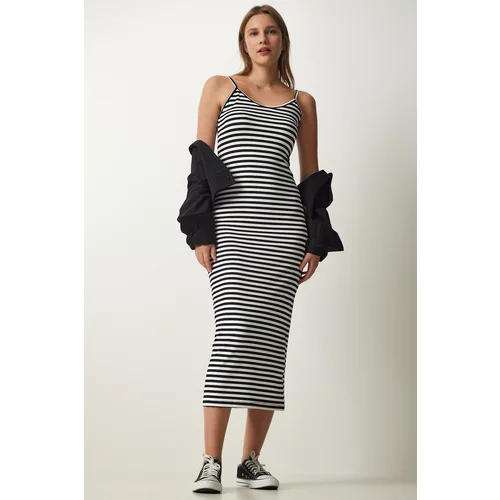 Happiness İstanbul Women's Black and White Strappy Corduroy Pencil Dress