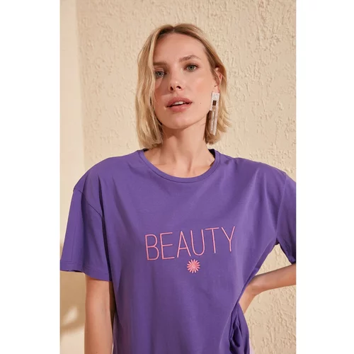 Trendyol Purple Embroidered Boyfriend Knitted T-shirt