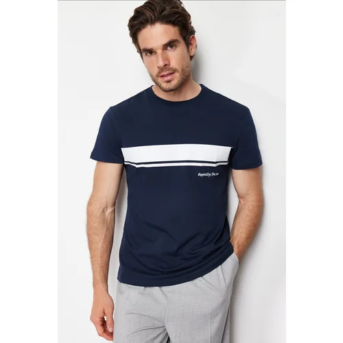 Trendyol Navy Regular/Real Fit Crew Neck Striped Printed 100% Cotton T-shirt