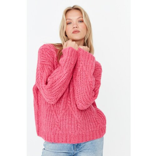 Trendyol Fuchsia Oversize Knit Detailed Knitwear Sweater Cene