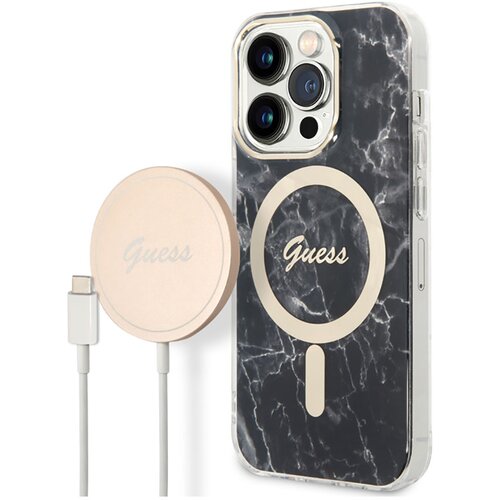 Guess Komplet ohi&amp;scaron;ja za iPhone 14 Pro z marmornatim vzorcem in brezžičnega polnilnika Qi Magsafe 15W, Črna, (21731006) Slike