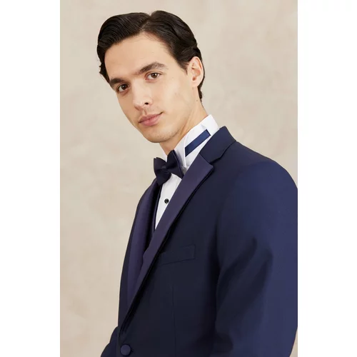 ALTINYILDIZ CLASSICS Men's Navy Blue Slim Fit Narrow Cut Mono Collar Patterned Vest Tuxedo Suit