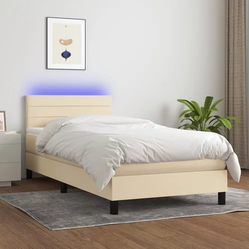 vidaXL Box spring postelja z vzmetnico LED krem 90x200 cm blago