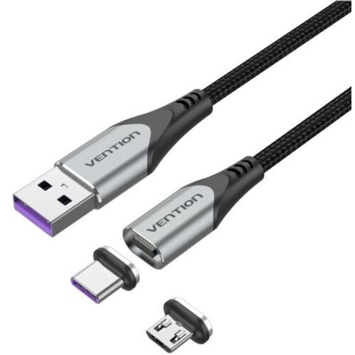 Vention USB 2.0 A Male to 2-in-1 Micro-B USB-C Male 5A Magnetic Cable 2m, Gray Cijene